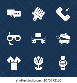 Premium set with fill icons. Such as water, phone, flower, boiler, sport, paint, brush, dialog, watch, business, talk, scuba, call, home, spring, mask, kimono, heater, traditional, time, paintbrush