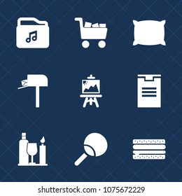 Premium set with fill icons. Such as sleep, sport, drawing, cheeseburger, message, buy, home, bed, table, web, music, soft, comfortable, file, sign, leisure, pillow, alcohol, video, mailbox, document