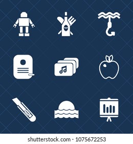 Premium set with fill icons. Such as machine, sun, hook, music, apple, light, fishing, red, fish, robot, sign, organic, glass, identity, alcohol, sunset, food, technology, futuristic, business, report