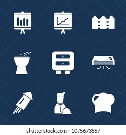 Premium set with fill icons. Such as graphic, celebration, holiday, year, waiter, party, temperature, drum, document, graph, business, conditioning, cooling, report, air, festival, event, light, fence