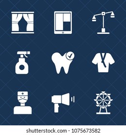 Premium set with fill icons. Such as home, health, laptop, judgment, pc, toxic, hospital, white, farm, equipment, eye, sprayer, dental, healthy, fashion, lawyer, pesticide, sign, bathrobe, dentist