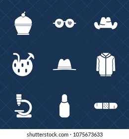 Premium set with fill icons. Such as clothing, dessert, bowling, cap, sunglasses, baseball, microscope, jacket, retro, cocktail, hippie, glasses, medical, glass, cone, cold, vintage, food, headwear