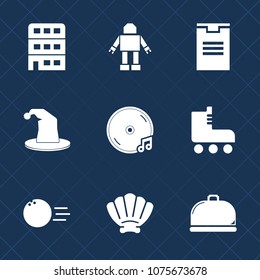 Premium set with fill icons. Such as sign, magician, future, business, sport, machine, album, food, delivery, building, hat, transportation, sound, audio, shell, intelligence, leisure, entertainment