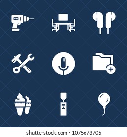 Premium set with fill icons. Such as space, notebook, desk, wrench, ice, dessert, spanner, gallon, tool, repair, sound, stereo, microphone, voice, top, hand, white, work, office, business, document