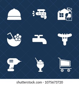 Premium set with fill icons. Such as dinner, drink, pistol, mop, dessert, gun, spray, housework, market, sausage, play, fun, retail, cleaner, food, sign, cream, equipment, childhood, juice, cocktail