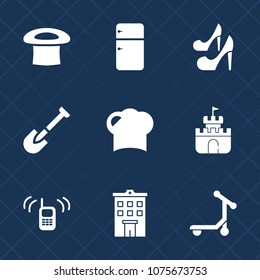 Premium set with fill icons. Such as toy, shovel, cap, restaurant, building, fridge, elegance, fashion, telephone, background, cold, sign, object, beauty, house, household, communication, plastic, hat