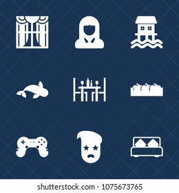 Premium set with fill icons. Such as young, game, double, travel, decoration, box, style, ship, joystick, fruit, sea, furniture, interior, woman, fish, apartment, play, room, portrait, graphic, boat