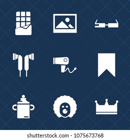 Premium set with fill icons. Such as hair, crown, music, milk, care, dark, modern, decoration, bar, blow, retro, character, sweet, technology, hairdryer, bottle, frame, food, circus, snack, background