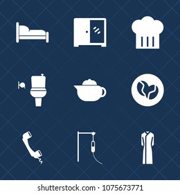 Premium set with fill icons. Such as hat, furniture, caffeine, food, bedroom, coffee, sign, tea, bathroom, interior, home, restaurant, medical, pot, wc, communication, male, mobile, breakfast, phone