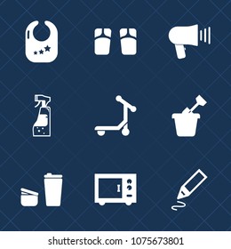 Premium set with fill icons. Such as transport, vehicle, sandbox, microwave, megaphone, pen, loudspeaker, childhood, child, play, sound, kid, cafe, rattle, office, drink, flip, oven, infant, housework