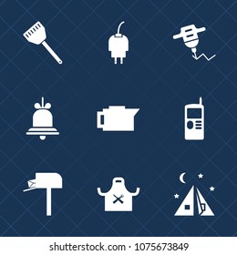 Premium set with fill icons. Such as kitchen, travel, mailbox, technology, knife, cell, power, restaurant, phone, espresso, vintage, equipment, tent, food, charge, energy, chef, mobile, battery, box