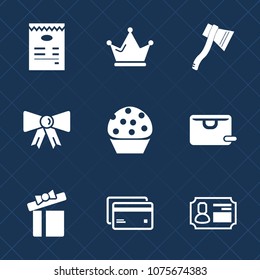 Premium set with fill icons. Such as crown, banking, clothing, axe, debit, king, cake, box, accessory, food, present, plastic, card, sign, doughnut, money, bow, identity, suit, sale, elegance, tie, 
