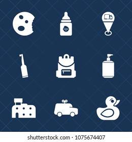 Premium set with fill icons. Such as cupcake, toy, car, childhood, food, architecture, baby, sign, dental, muffin, white, backpack, house, duck, doughnut, location, nutrition, city, liquid, school