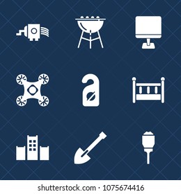 Premium set with fill icons. Such as bbq, kitchen, vacation, food, light, city, home, internet, shovel, privacy, tool, drone, control, grate, cuisine, computer, object, technology, cheese, cooking, pc