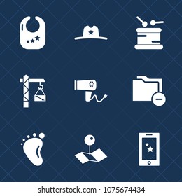 Premium set with fill icons. Such as shake, business, document, texas, baby, map, folder, pointer, foot, sheriff, sound, dryer, instrument, infant, blow, phone, western, construction, childhood, saw