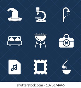 Premium set with fill icons. Such as picture, brush, entertainment, dinner, bath, food, health, clean, hat, hygiene, medical, microscope, meal, grill, bathroom, research, magician, furniture, music