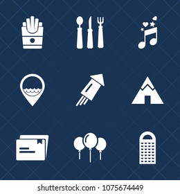 Premium set with fill icons. Such as spoon, potato, festival, decoration, meal, musical, snack, adventure, camp, music, melody, fork, sign, paper, sound, event, french, lunch, file, clef, dinner, fast