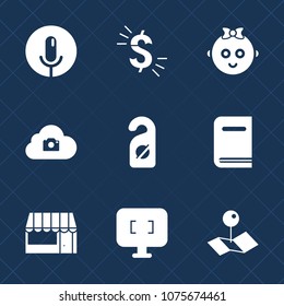 Premium Set With Fill Icons. Such As Voice, Hotel, Grocery, Education, Sound, Web, Record, Child, Cloud, Motel, Map, Pin, Pointer, Usd, Currency, Food, Supermarket, Market, Technology, Computer, Money