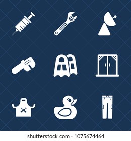 Premium set with fill icons. Such as white, pants, construction, drill, house, screwdriver, sea, rubber, spanner, child, sport, tool, repair, duck, home, chief, diver, care, radio, water, toy, network