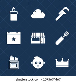Premium set with fill icons. Such as child, tool, renovation, reparation, wax, web, home, grocery, cloud, baby, sign, work, oven, light, food, king, celebration, christmas, market, technology, candle