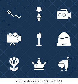 Premium set with fill icons. Such as nature, cream, joy, restaurant, royal, holder, crown, projection, equipment, wine, machine, ice, kite, spring, kid, screen, clothing, king, frozen, film, milk, fly