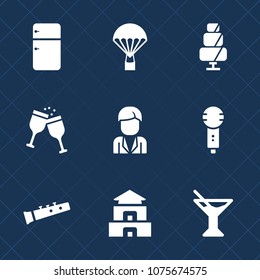 Premium set with fill icons. Such as refrigerator, cold, male, dessert, cookie, extreme, jump, karaoke, juice, skydiver, red, drink, song, food, microphone, kitchen, asia, temple, glass, voice, sweet