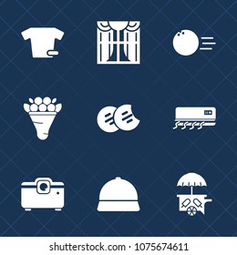 Premium set with fill icons. Such as home, air, window, interior, conditioner, hat, cream, ball, apartment, dessert, nature, ice, fashion, cookie, light, bowling, van, food, flower, competition, shirt