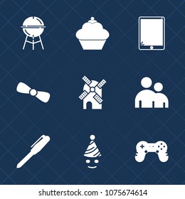 Premium set with fill icons. Such as bakery, fire, sweet, screen, bow, cookie, mill, wind, muffin, electricity, birthday, bbq, grilled, chocolate, tablet, grill, person, laptop, doughnut, gift, human
