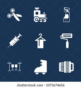 Premium set with fill icons. Such as care, dentistry, transport, transportation, cleaning, train, sign, music, accordion, paper, spray, vehicle, paint, railway, maid, shop, tool, bottle, medicine, cut