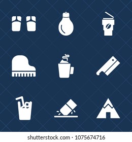 Premium set with fill icons. Such as lightbulb, meat, axe, eraser, camp, light, cold, pair, vacation, electricity, footwear, cup, holiday, bulb, summer, innovation, piano, music, flip, idea, adventure