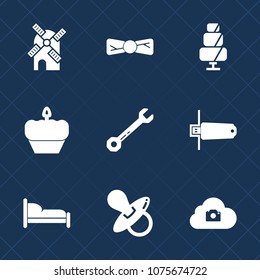 Premium set with fill icons. Such as turbine, kid, electricity, chocolate, environment, muffin, food, sweet, mill, tool, home, child, bow, web, furniture, bedroom, bed, cupcake, dessert, cloud, flash
