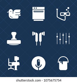 Premium set with fill icons. Such as music, domestic, stamp, animal, equality, equipment, black, flight, white, mask, record, appliance, audio, color, business, mark, microphone, sea, gas, desk, voice