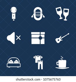 Premium set with fill icons. Such as clothing, microphone, coffee, bed, drink, restaurant, mute, cappuccino, cup, present, boat, karaoke, transportation, studio, voice, wineglass, singer, ship, travel