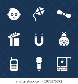 Premium set with fill icons. Such as child, ribbon, bucket, song, magnetic, karaoke, butterfly, toy, happy, magnet, present, telephone, music, microphone, energy, cute, lady, water, stone, box, little