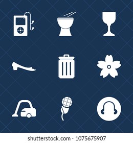 Premium set with fill icons. Such as trash, cherry, sakura, cleaner, wine, karaoke, drum, instrument, home, sport, silhouette, nature, housework, garbage, bar, mic, drink, media, play, beverage, bin