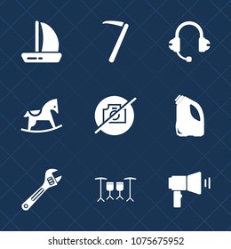 Premium set with fill icons. Such as microphone, screwdriver, sea, sign, sail, wood, picture, boat, toy, wooden, wrench, rocking, no, work, sound, sailboat, spanner, cute, camera, kid, construction