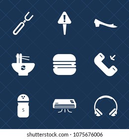 Premium set with fill icons. Such as sign, conditioning, sport, food, music, attention, audio, fork, caution, asian, footwear, air, web, kitchen, pepper, sound, silhouette, button, fashion, knife