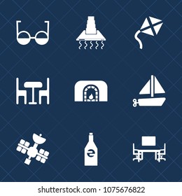Premium set with fill icons. Such as interior, holiday, transportation, eyeglasses, bottle, beverage, sky, sign, table, cooking, winter, toy, furniture, satellite, leisure, chair, fire, drink, red