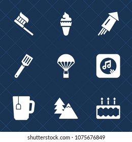 Premium set with fill icons. Such as kitchen, ice, firework, toothpaste, sound, parachuting, music, holiday, sweet, jump, strawberry, celebration, cake, health, tree, forest, cup, pan, cone, drink