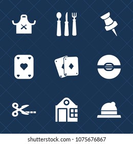 Premium set with fill icons. Such as head, tool, clothing, real, spoon, background, sphere, restaurant, knife, navigation, sign, headwear, architecture, map, dinner, style, hat, fashion, estate, house