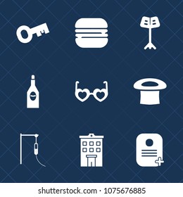 Premium set with fill icons. Such as wine, business, restaurant, fast, musician, glasses, medical, hat, identity, cheeseburger, safe, lock, sandwich, hamburger, sunglasses, food, meal, security, key