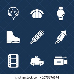 Premium set with fill icons. Such as video, seafood, television, headphone, sushi, meat, earphone, fashion, modern, gadget, watch, film, event, music, holiday, time, kebab, fish, food, festival, car