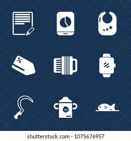Premium set with fill icons. Such as baby, pen, food, childhood, tool, rattle, price, edit, music, tag, mobile, technology, agriculture, text, diagram, garden, fish, web, newborn, write, business, toy
