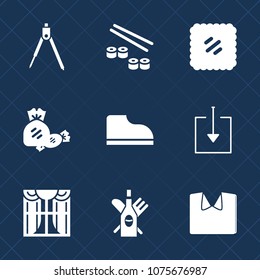 Premium set with fill icons. Such as roll, postal, geometry, alcohol, shirt, mail, red, clothing, footwear, japanese, wine, lollipop, instrument, stamp, divider, rice, window, work, light, letter, new