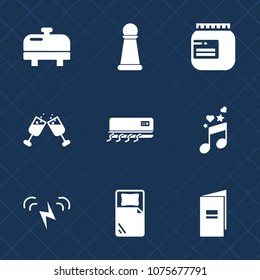 Premium set with fill icons. Such as energy, jar, sweet, wine, note, air, king, white, chess, sun, music, knight, paper, play, equipment, boiler, electric, container, strategy, jam, piece, alcohol