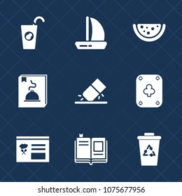 Premium set with fill icons. Such as garbage, button, school, sailboat, education, wind, play, interface, sweet, summer, office, orange, white, waste, boat, food, healthy, literature, eraser, sign
