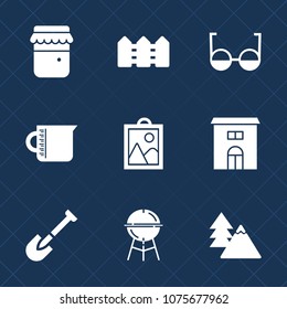 Premium set with fill icons. Such as business, picture, object, real, grill, shovel, cooking, forest, jar, vision, environment, fence, bbq, construction, measurement, landscape, transparent, wooden