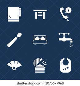 Premium set with fill icons. Such as double, notepad, shinto, spoon, travel, landmark, infant, sensu, water, dinner, headset, traditional, bedroom, office, faucet, child, torii, paper, tap, rattle