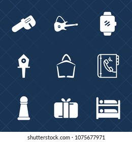 Premium set with fill icons. Such as present, game, book, display, sound, smart, hammer, work, holiday, box, technology, concert, house, watch, strategy, piece, phone, rock, screen, spanner, sale, bag