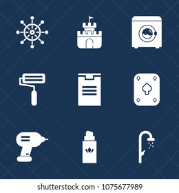 Premium set with fill icons. Such as bathroom, sand, sea, nautical, toy, marine, package, box, helm, machine, white, plastic, wheel, shipping, housework, appliance, roller, summer, beauty, travel